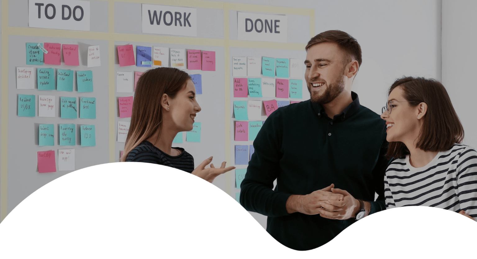 Team vor Kanban-Board bei agiler Führung