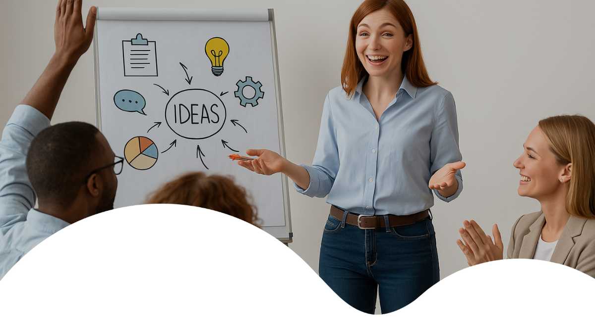 Moderatorin leitet einen Workshop am Flipchart, Teilnehmende beteiligen sich aktiv im Halbkreis“