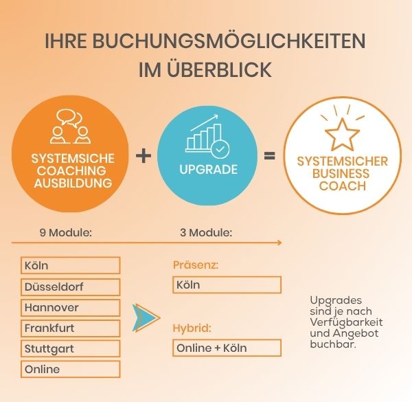 systemischer business coach grafik buchung Infografik zu Buchungsoptionen Coaching-Ausbildung und Upgrade