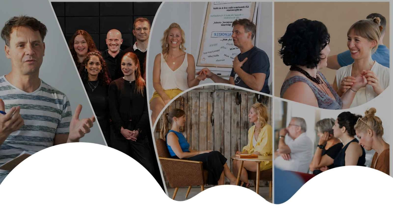 hero home 2607 Collage aus Coaching- und Therapieszene mit Gesprächen