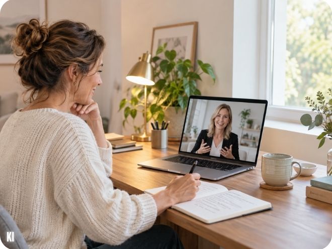 Frau macht Notizen während eines Videoanrufs am Schreibtisch