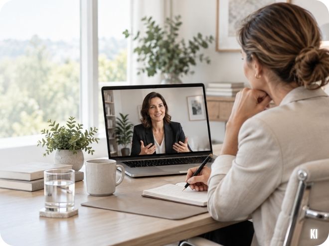 Frau nimmt an Videokonferenz am Schreibtisch teil