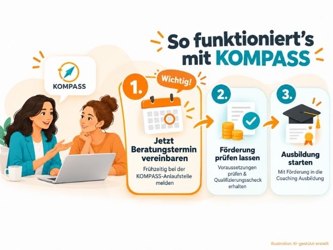 Infografik: Drei Schritte zur Ausbildung mit KOMPASS-Förderung